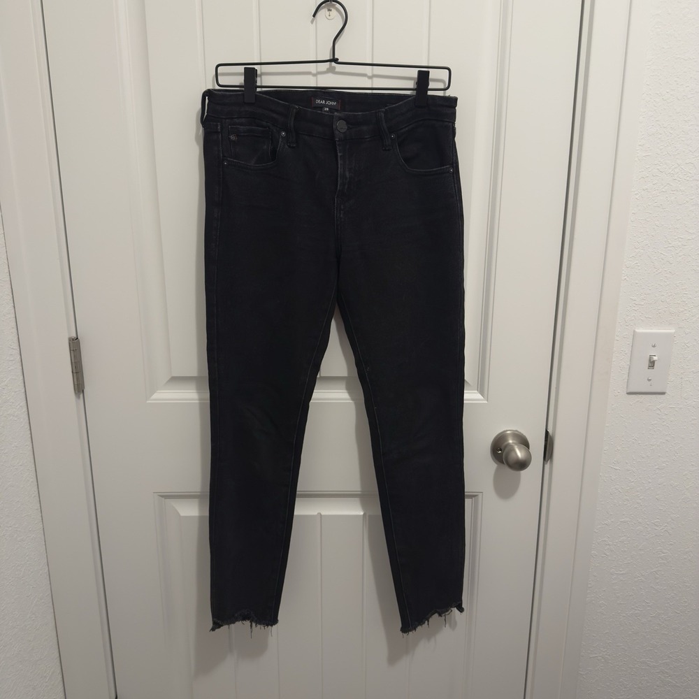 Dear John Women's Black Jeans Joyrich Comfort Skinny Fringe‎ Bottom Cuff Size 28